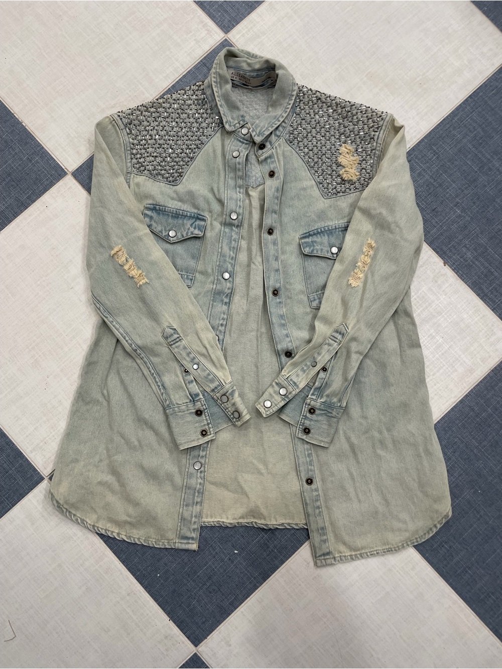 BNWT AllSaints Studded Rhinestone Embellished Western Denim Shacket Shirt
